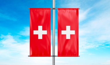 Gökyüzünde sallanan İsviçre bayrağı. 3B Hazırlama