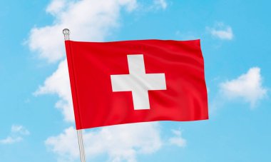 Gökyüzünde sallanan İsviçre bayrağı. 3B Hazırlama