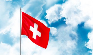 Gökyüzünde sallanan İsviçre bayrağı. 3B Hazırlama