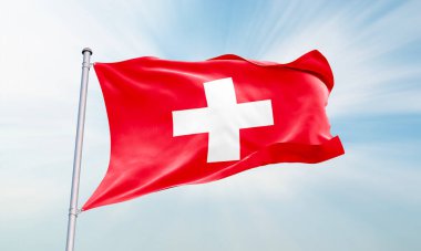 Gökyüzünde sallanan İsviçre bayrağı. 3B Hazırlama