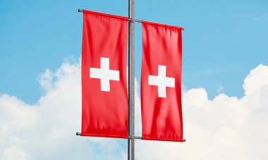 Gökyüzünde sallanan İsviçre bayrağı. 3B Hazırlama
