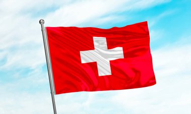 Gökyüzünde sallanan İsviçre bayrağı. 3B Hazırlama