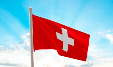 Gökyüzünde sallanan İsviçre bayrağı. 3B Hazırlama