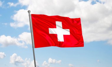 Gökyüzünde sallanan İsviçre bayrağı. 3B Hazırlama