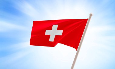 Gökyüzünde sallanan İsviçre bayrağı. 3B Hazırlama