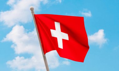 Gökyüzünde sallanan İsviçre bayrağı. 3B Hazırlama