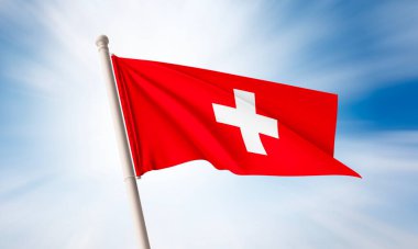 Gökyüzünde sallanan İsviçre bayrağı. 3B Hazırlama