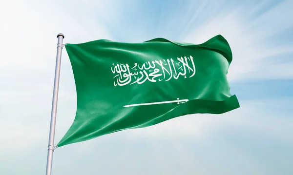 Σημαία Της Σαουδικής Αραβίας Κυματίζει Στον Ουρανό Απόδοση — Φωτογραφία Αρχείου