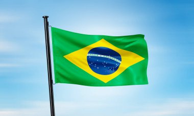 Brezilya bayrağı gökyüzünde dalgalanıyor. 3B Hazırlama