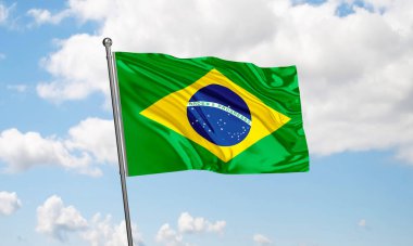 Brezilya bayrağı gökyüzünde dalgalanıyor. 3B Hazırlama