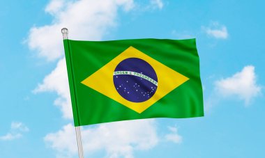 Brezilya bayrağı gökyüzünde dalgalanıyor. 3B Hazırlama