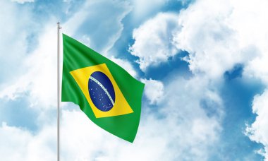 Brezilya bayrağı gökyüzünde dalgalanıyor. 3B Hazırlama