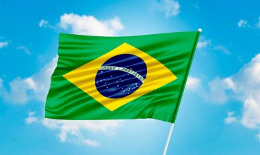 Brezilya bayrağı gökyüzünde dalgalanıyor. 3B Hazırlama