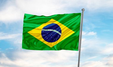 Brezilya bayrağı gökyüzünde dalgalanıyor. 3B Hazırlama