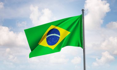 Brezilya bayrağı gökyüzünde dalgalanıyor. 3B Hazırlama