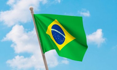 Brezilya bayrağı gökyüzünde dalgalanıyor. 3B Hazırlama