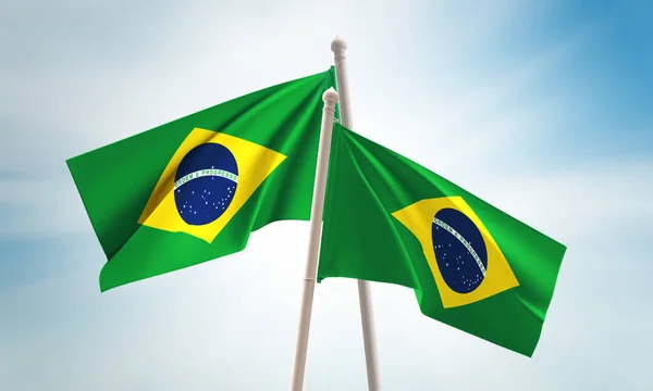 Brazil flag waving on sky background. 3D Rendering