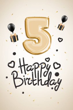 5. yaş gününü kutluyoruz. Altın konfeti, mutlu yıllar. 3B görüntüleme