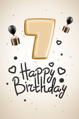 7. yaş gününü kutluyoruz. Altın konfeti, mutlu yıllar. 3B görüntüleme