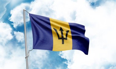 Barbados flag waving on sky background. 3D Rendering