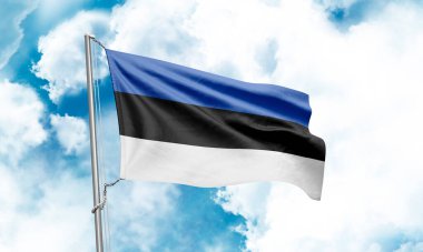 Estonya bayrağı gökyüzünde dalgalanıyor. 3B Hazırlama