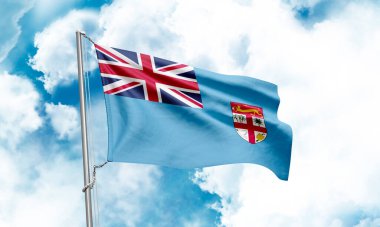 Fiji bayrağı gökyüzünde dalgalanıyor. 3B Hazırlama