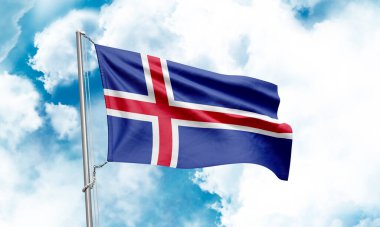 Gökyüzünde dalgalanan İzlanda bayrağı. 3B Hazırlama