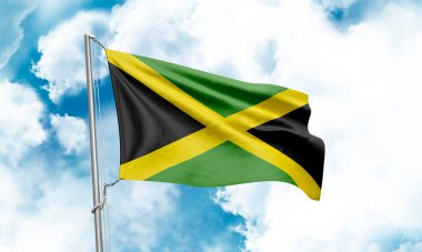 Jamaika bayrağı gökyüzünde dalgalanıyor. 3B Hazırlama