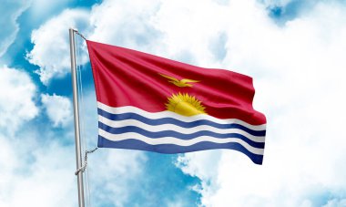 Gökyüzünde dalgalanan Kiribati bayrağı. 3B Hazırlama