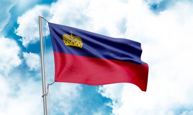 Gökyüzünde sallanan Lihtenştayn bayrağı. 3B Hazırlama