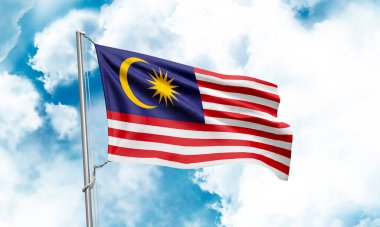 Malezya bayrağı gökyüzü arka planında dalgalanıyor. 3B Hazırlama