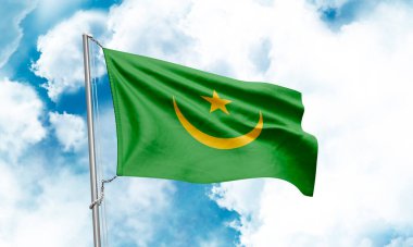 Moritanya bayrağı gökyüzünde dalgalanıyor. 3B Hazırlama