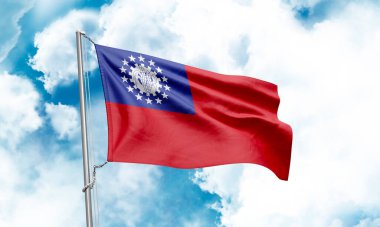 Myanmar-Burma bayrağı gökyüzünde dalgalanıyor. 3B Hazırlama