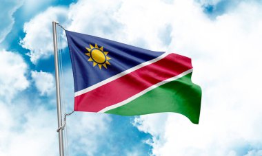 Gökyüzünde sallanan Namibya bayrağı. 3B Hazırlama
