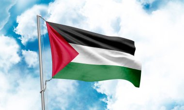 Filistin bayrağı gökyüzünde dalgalanıyor. 3B Hazırlama
