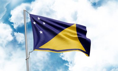 Tokelau bayrağı gökyüzü arka planında dalgalanıyor. 3B Hazırlama