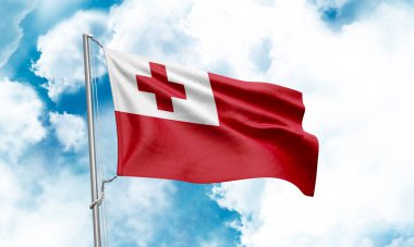 Tonga bayrağı gökyüzünde dalgalanıyor. 3B Hazırlama