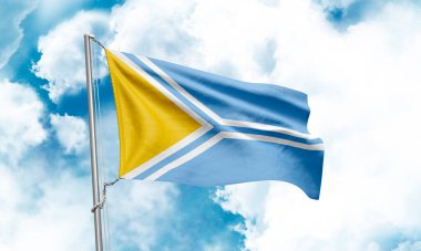 Gökyüzü arka planında dalgalanan tuva bayrağı. 3B Hazırlama