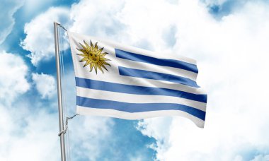 Gökyüzünde dalgalanan Uruguay bayrağı. 3B Hazırlama