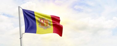 Andorra flag waving on sky background. 3D Rendering