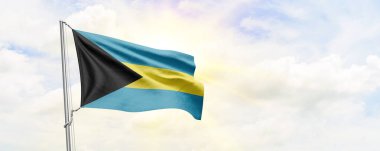 Bahamas flag waving on sky background. 3D Rendering