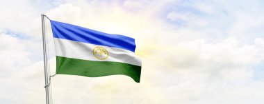 Bashkortostan flag waving on sky background. 3D Rendering