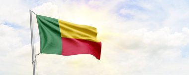 Benin flag waving on sky background. 3D Rendering