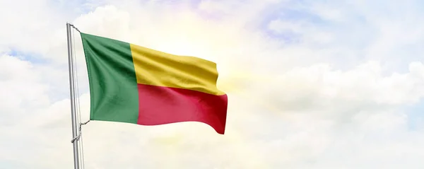 Benin Flag Waving Sky Background Rendering — Zdjęcie stockowe