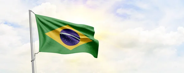 Brazil Flag Waving Sky Background Rendering — Stock Photo, Image
