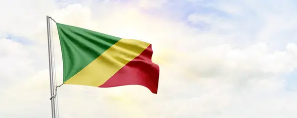Congo Republic Flag Waving Sky Background Rendering — Zdjęcie stockowe