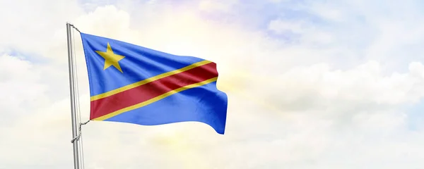 Congo Democratic Republic Flag Waving Sky Background Rendering — Zdjęcie stockowe