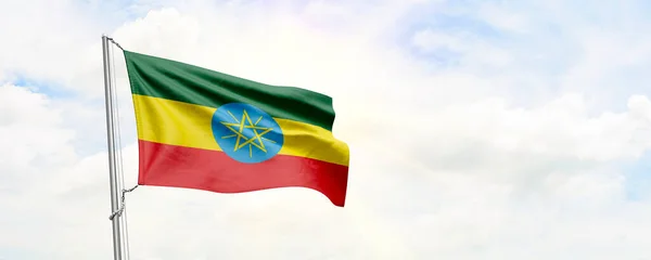 Ethiopia Flag Waving Sky Background Rendering — Zdjęcie stockowe
