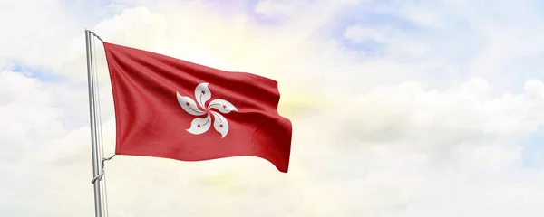Bandeira Hong Kong Acenando Fundo Céu Renderização — Fotografia de Stock