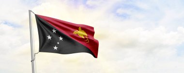 Papua Yeni Gine bayrağı gökyüzünde dalgalanıyor. 3B Hazırlama